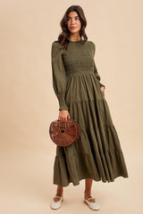 Olive Swiss Dot Smocked Tiered Maxi Dress