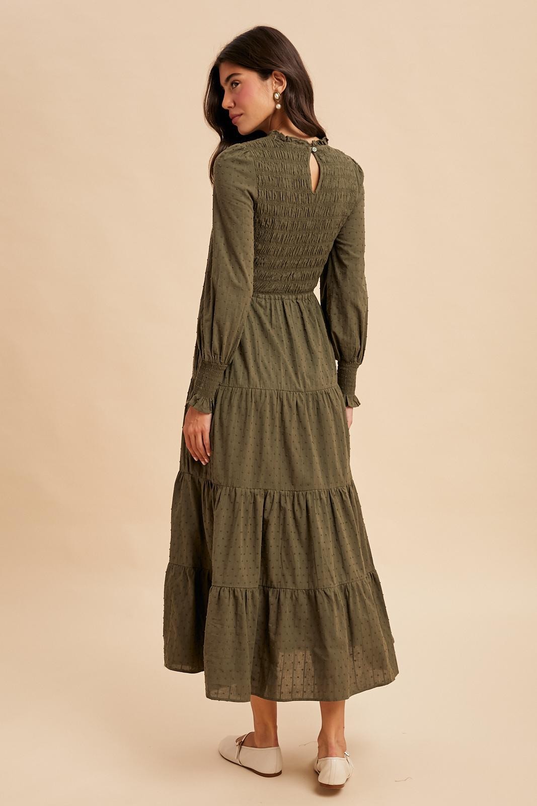 Olive Swiss Dot Smocked Tiered Maxi Dress