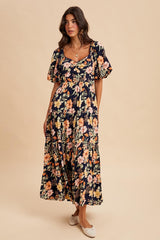 Navy Floral Tiered Puff Sleeve Maternity Maxi Dress