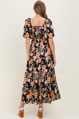 Navy Floral Tiered Puff Sleeve Maternity Maxi Dress