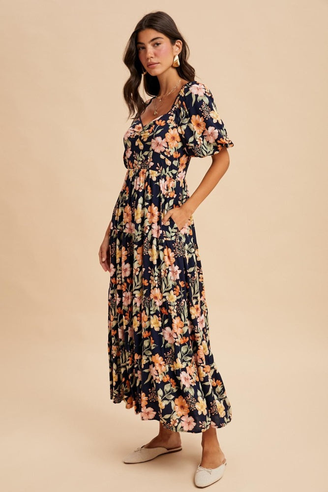 Navy Floral Tiered Puff Sleeve Maxi Dress