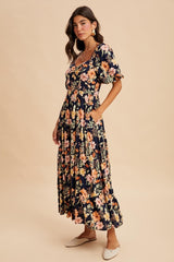 Navy Floral Tiered Puff Sleeve Maxi Dress
