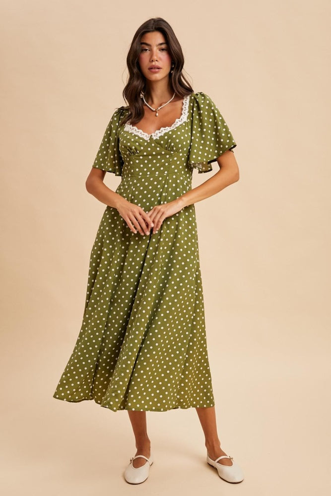 Olive Polka Dot Lace Trim Maternity Maxi Dress Olive Polka Dot Lace Trim Maternity Maxi Dress