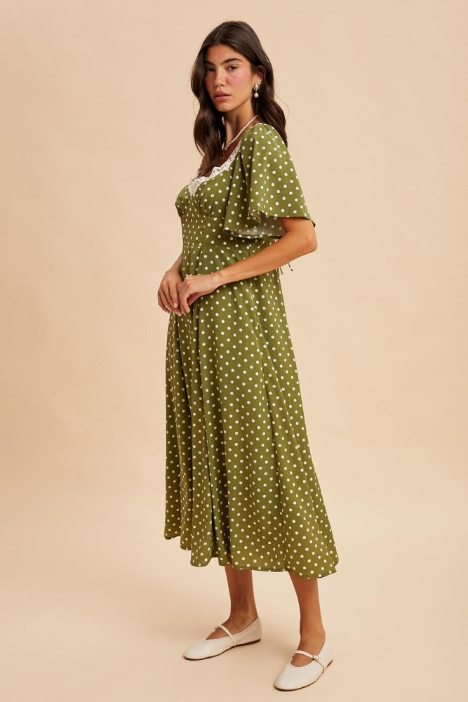 Olive Polka Dot Lace Trim Maxi Dress