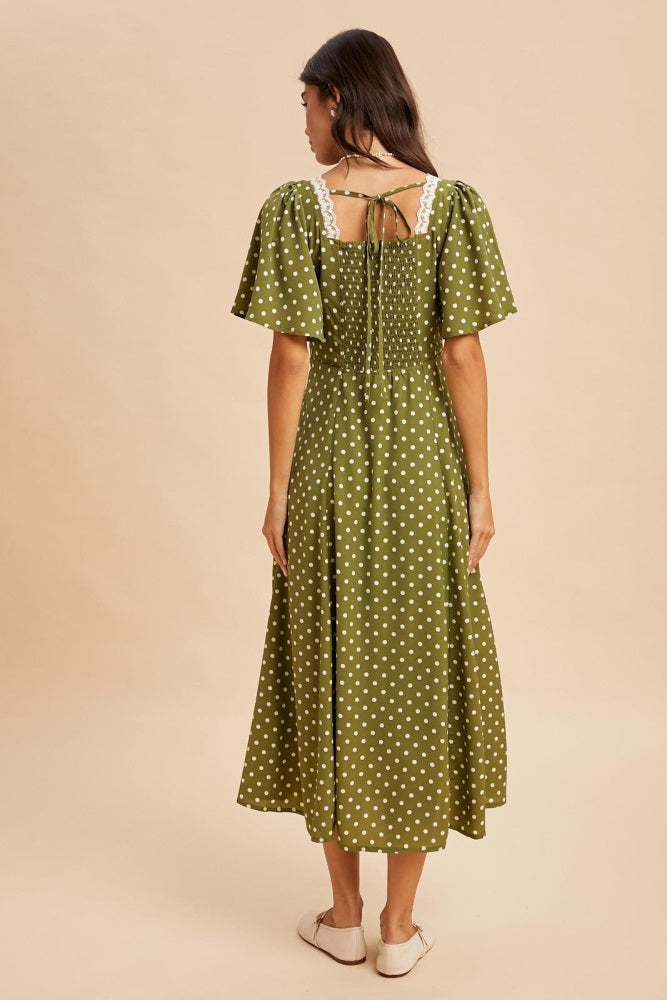 Olive Polka Dot Lace Trim Maxi Dress