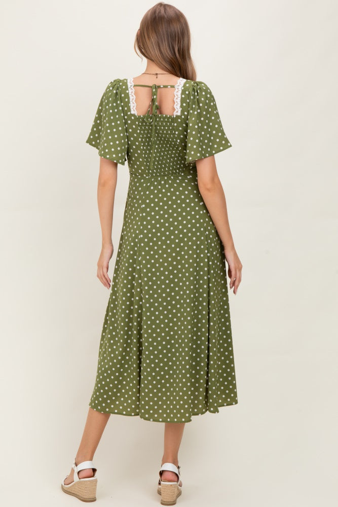 Olive Polka Dot Lace Trim Maternity Maxi Dress
