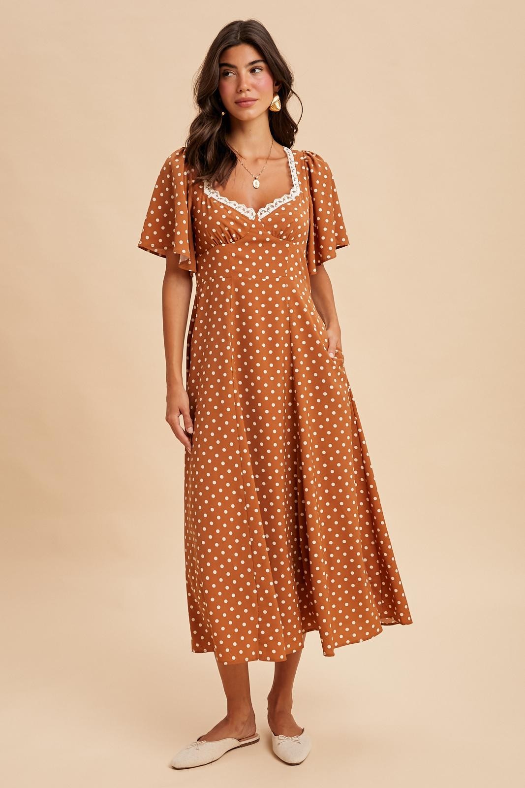 Camel Polka Dot Lace Trim Maxi Dress