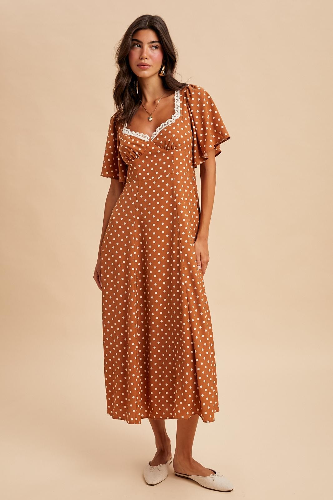 Camel Polka Dot Lace Trim Maxi Dress