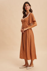 Camel Polka Dot Lace Trim Maxi Dress