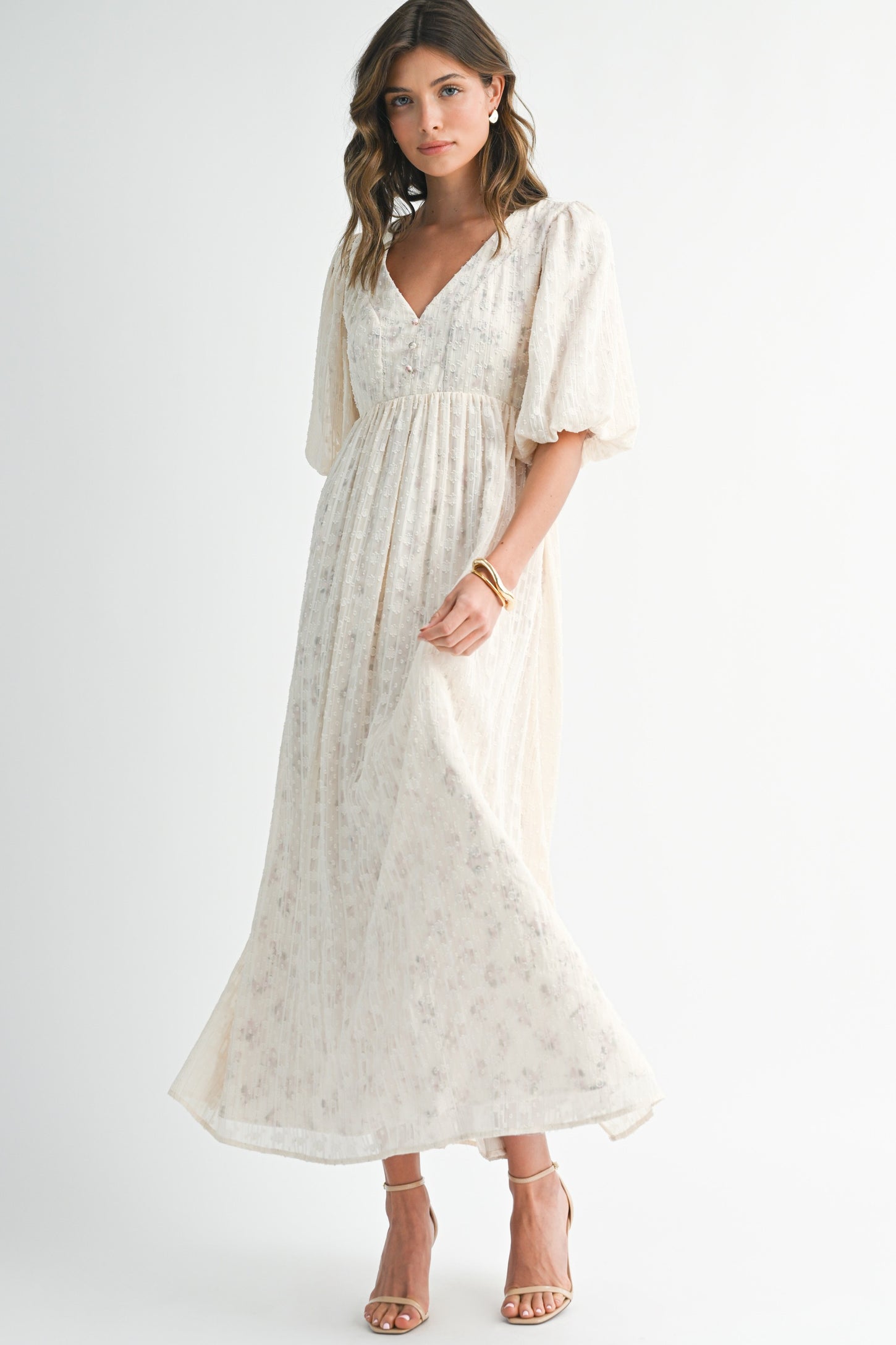 Cream Floral Textured Chiffon Overlay Maxi Dress