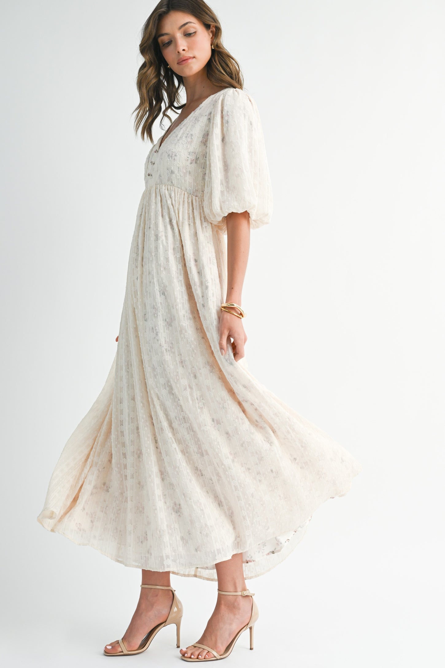 Cream Floral Textured Chiffon Overlay Maxi Dress