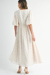 Cream Floral Textured Chiffon Overlay Maxi Dress