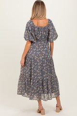 Blue Floral Sweetheart Neckline Puff Sleeve Maternity Maxi Dress