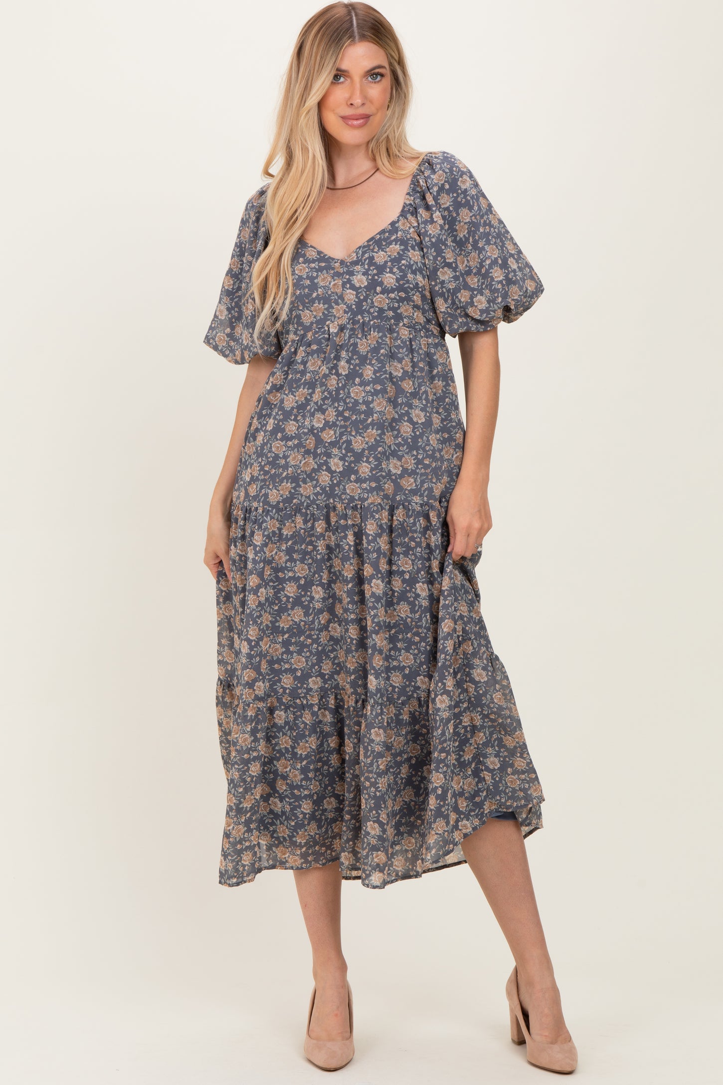 Blue Floral Sweetheart Neckline Puff Sleeve Maternity Maxi Dress