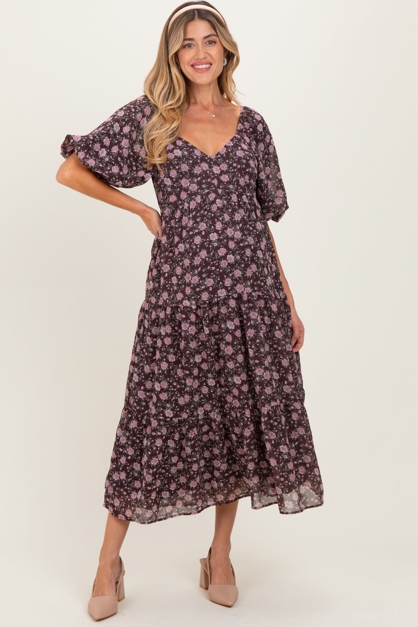 Brown Floral Sweetheart Neckline Puff Sleeve Maternity Maxi Dress