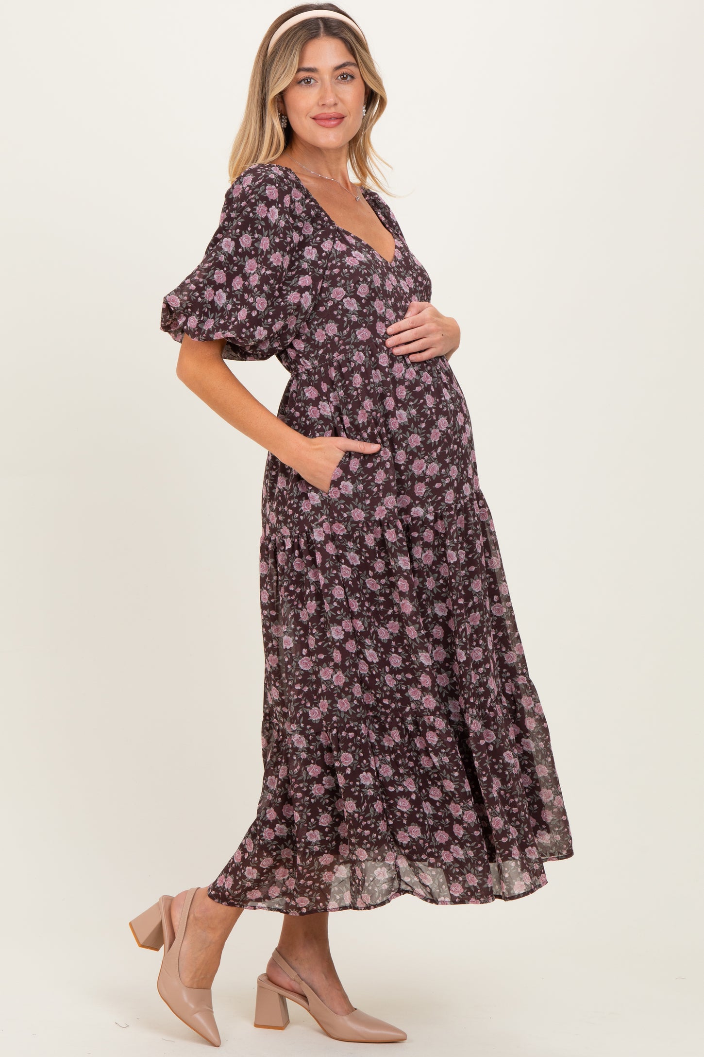 Brown Floral Sweetheart Neckline Puff Sleeve Maternity Maxi Dress