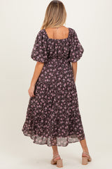 Brown Floral Sweetheart Neckline Puff Sleeve Maternity Maxi Dress