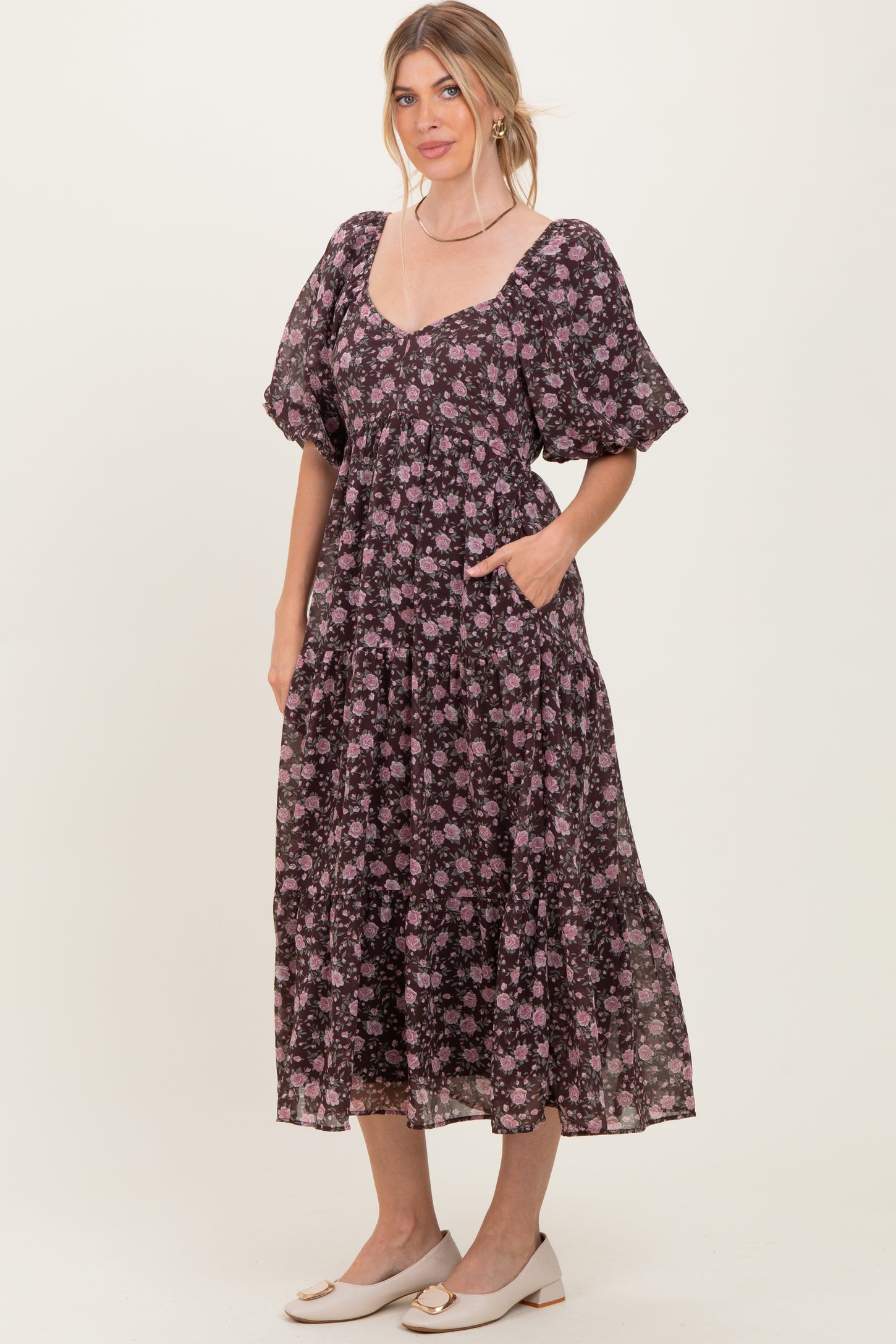 Brown Floral Sweetheart Neckline Puff Sleeve Maxi Dress