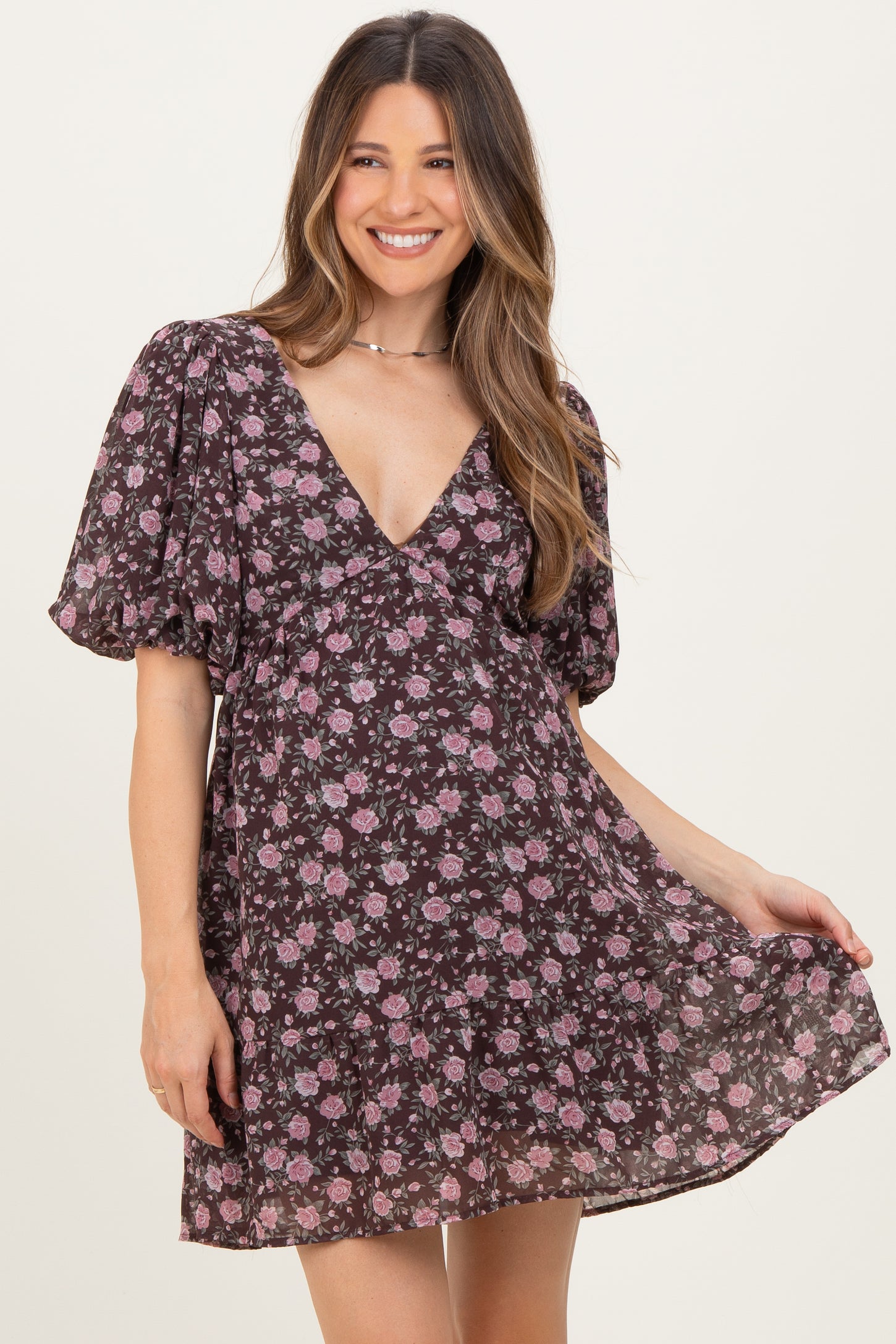 Brown Floral V-Neck Maternity Mini Dress