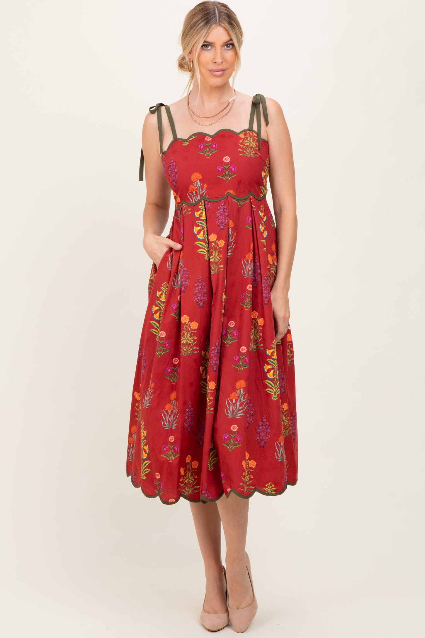 Rust Floral Scallop Edge Shoulder Tie Midi Dress