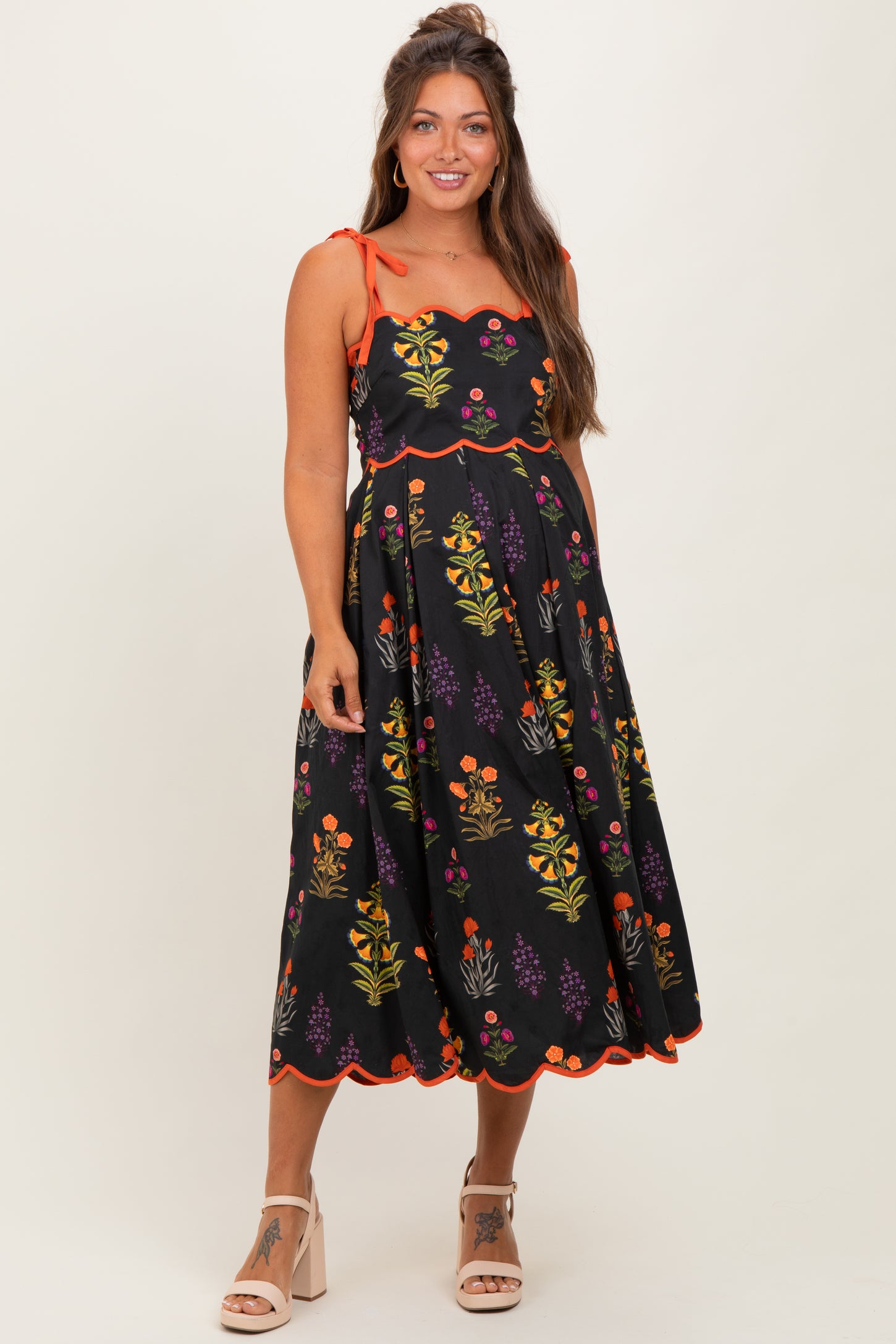 Black Floral Scallop Edge Shoulder Tie Maternity Midi Dress