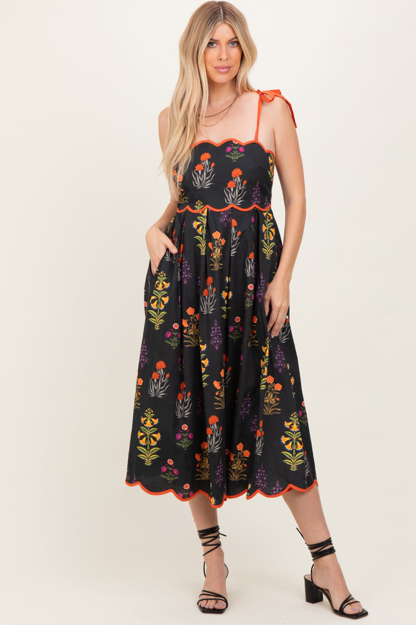 Black Floral Scallop Edge Shoulder Tie Midi Dress Black Floral Scallop Edge Shoulder Tie Midi Dress