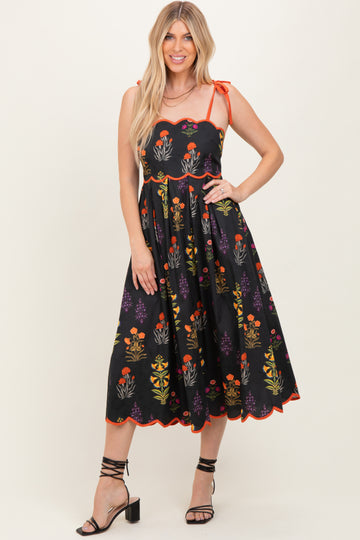 Black Floral Scallop Edge Shoulder Tie Midi Dress