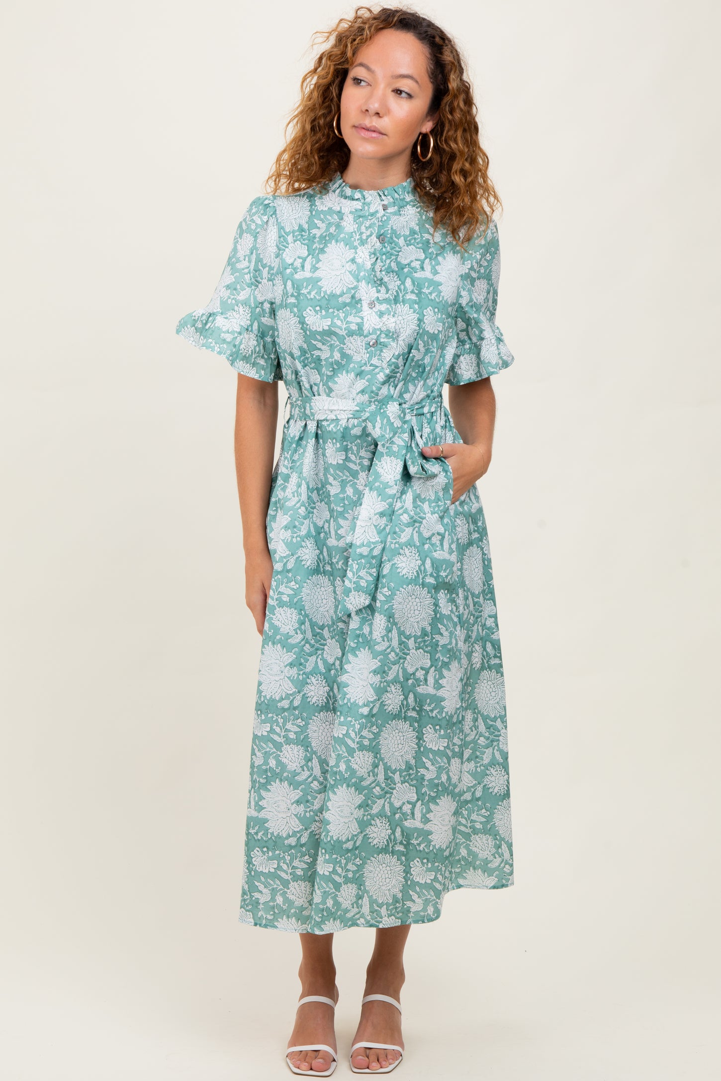 Light Olive Floral Ruffle Button Up Neckline Midi Dress