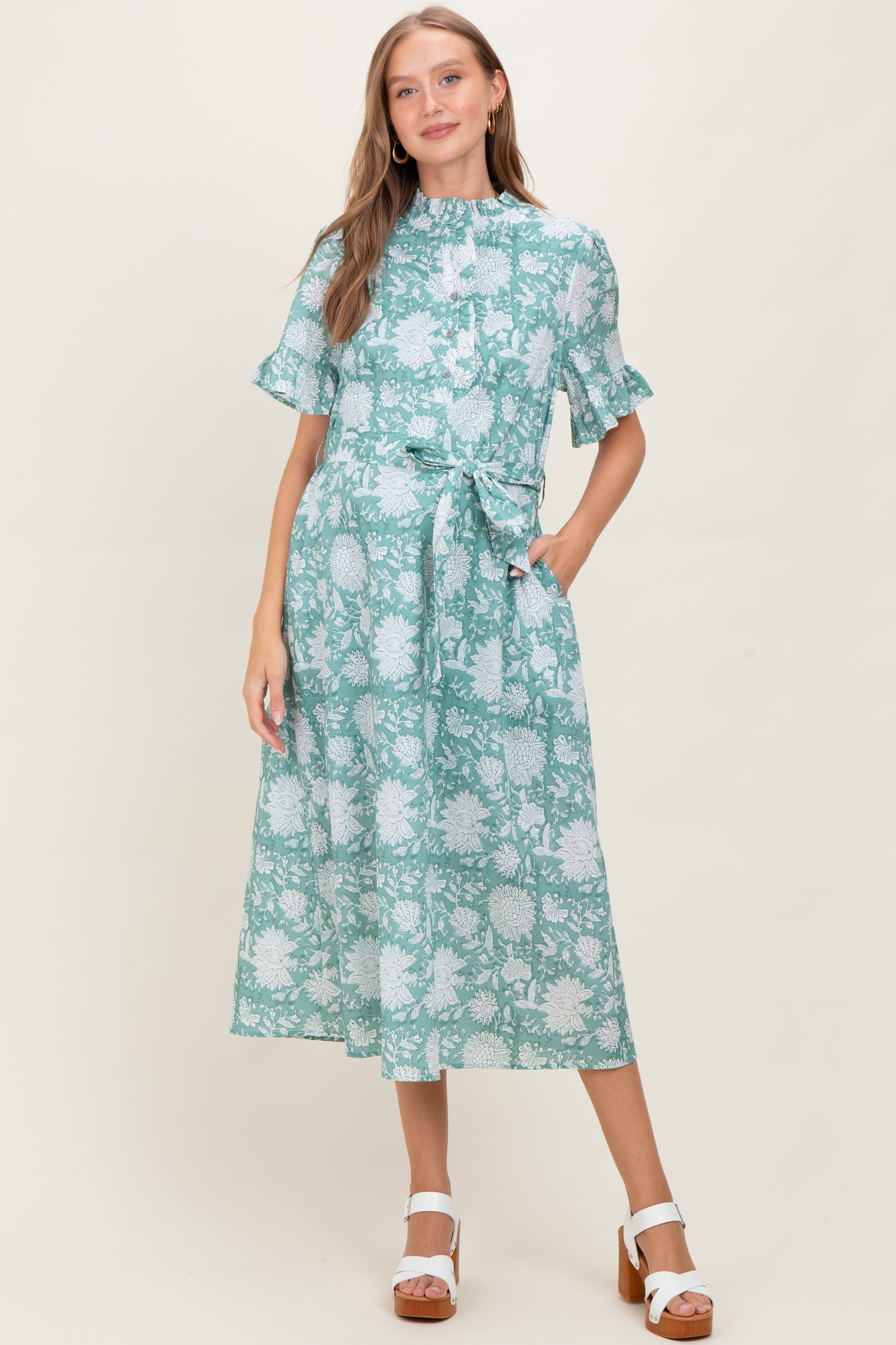 Light Olive Floral Ruffle Button Up Neckline Maternity Midi Dress