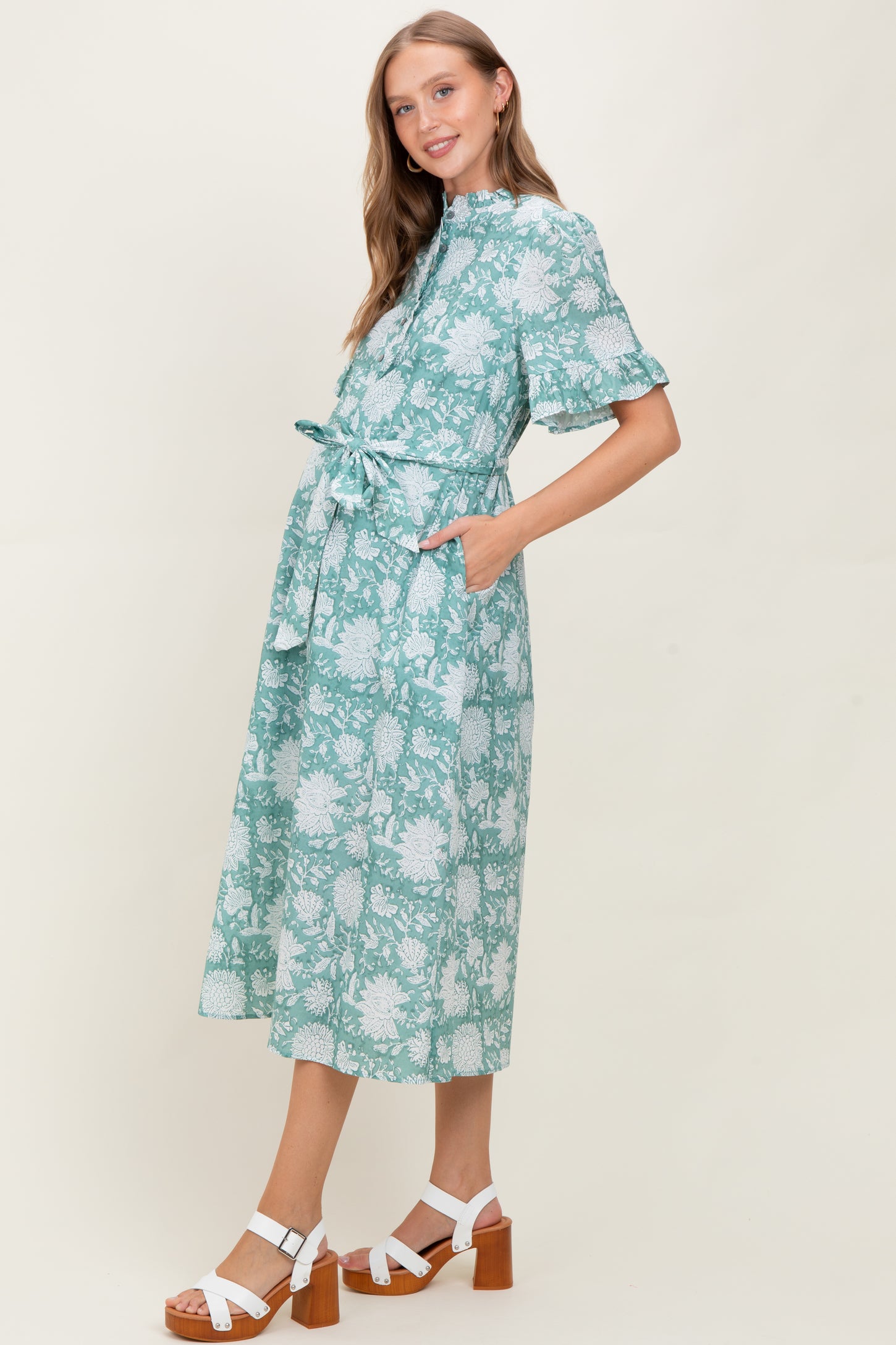 Light Olive Floral Ruffle Button Up Neckline Maternity Midi Dress