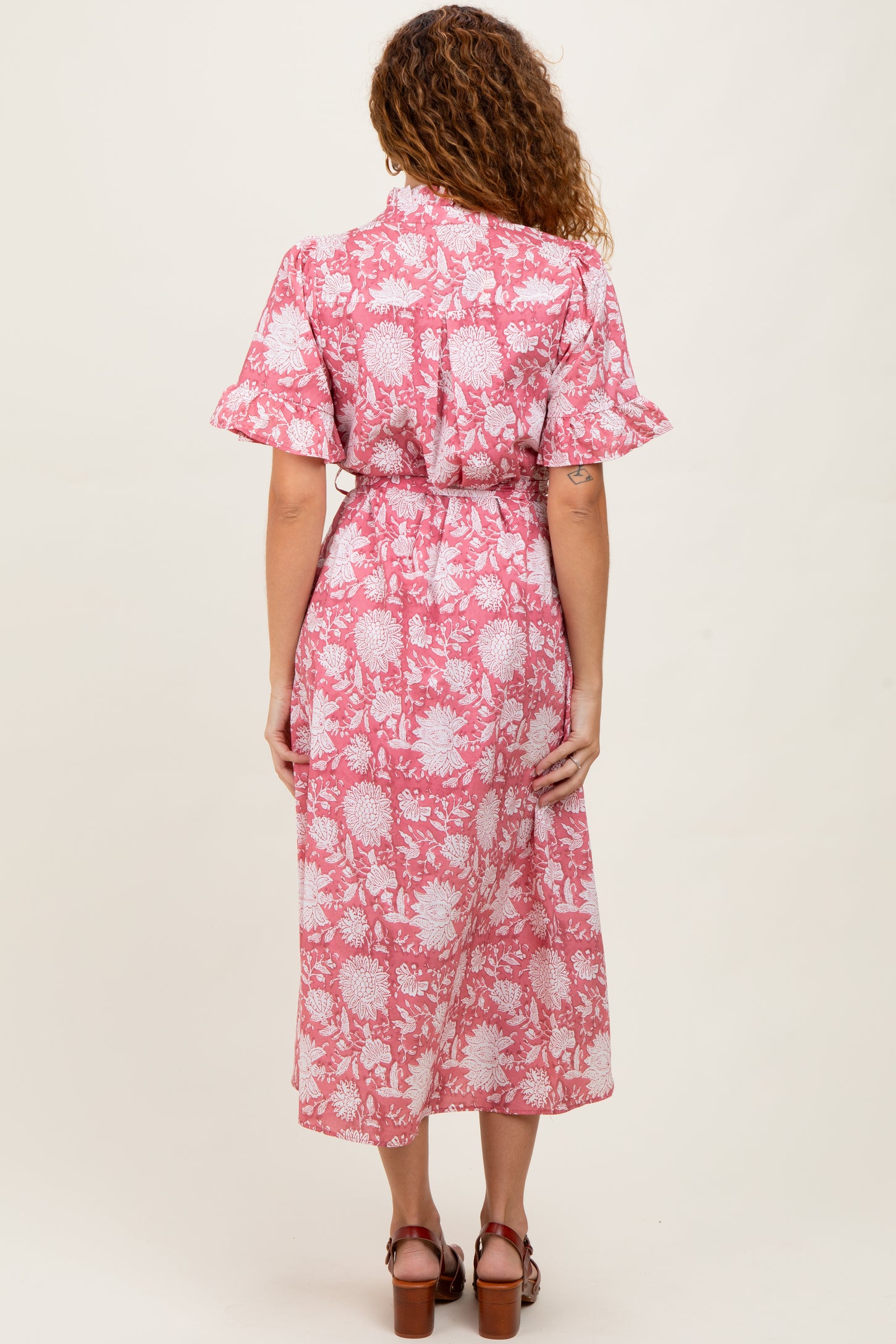 Pink Floral Ruffle Button Up Neckline Midi Dress