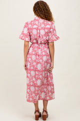 Pink Floral Ruffle Button Up Neckline Midi Dress