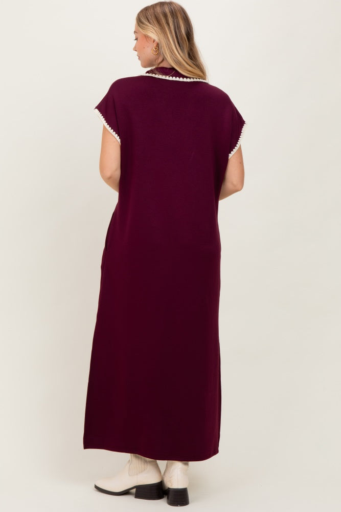 Burgundy Collared Stitch Detail Short Sleeve Midi Dress