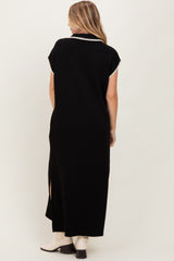 Black Collared Stitch Detail Short Sleeve Midi Dress