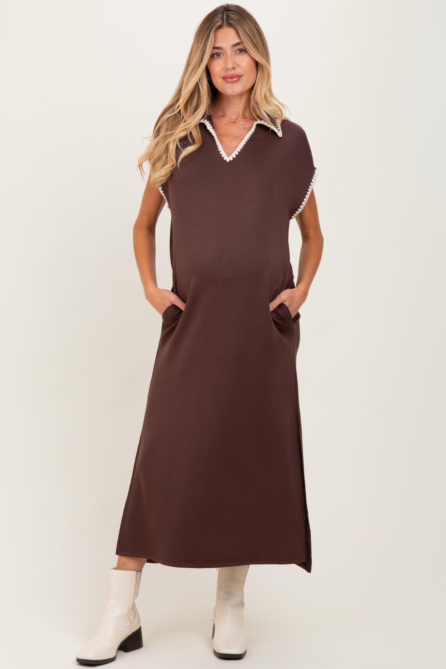 Brown Collared Stitch Detail Short Sleeve Maternity Midi Dress PinkBlush Brown Collared Stitch Detail Short Sleeve Maternity Midi Dress PinkBlush