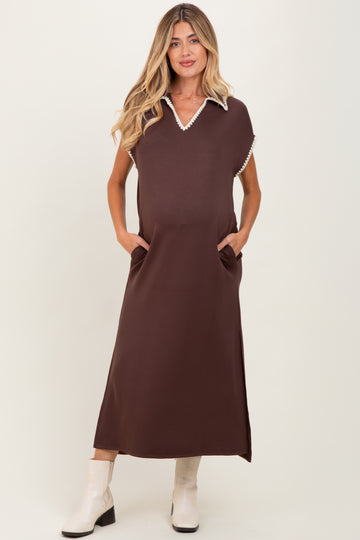 Brown Collared Stitch Detail Short Sleeve Maternity Midi Dress