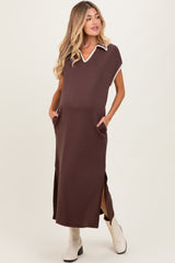 Brown Collared Stitch Detail Short Sleeve Maternity Midi Dress