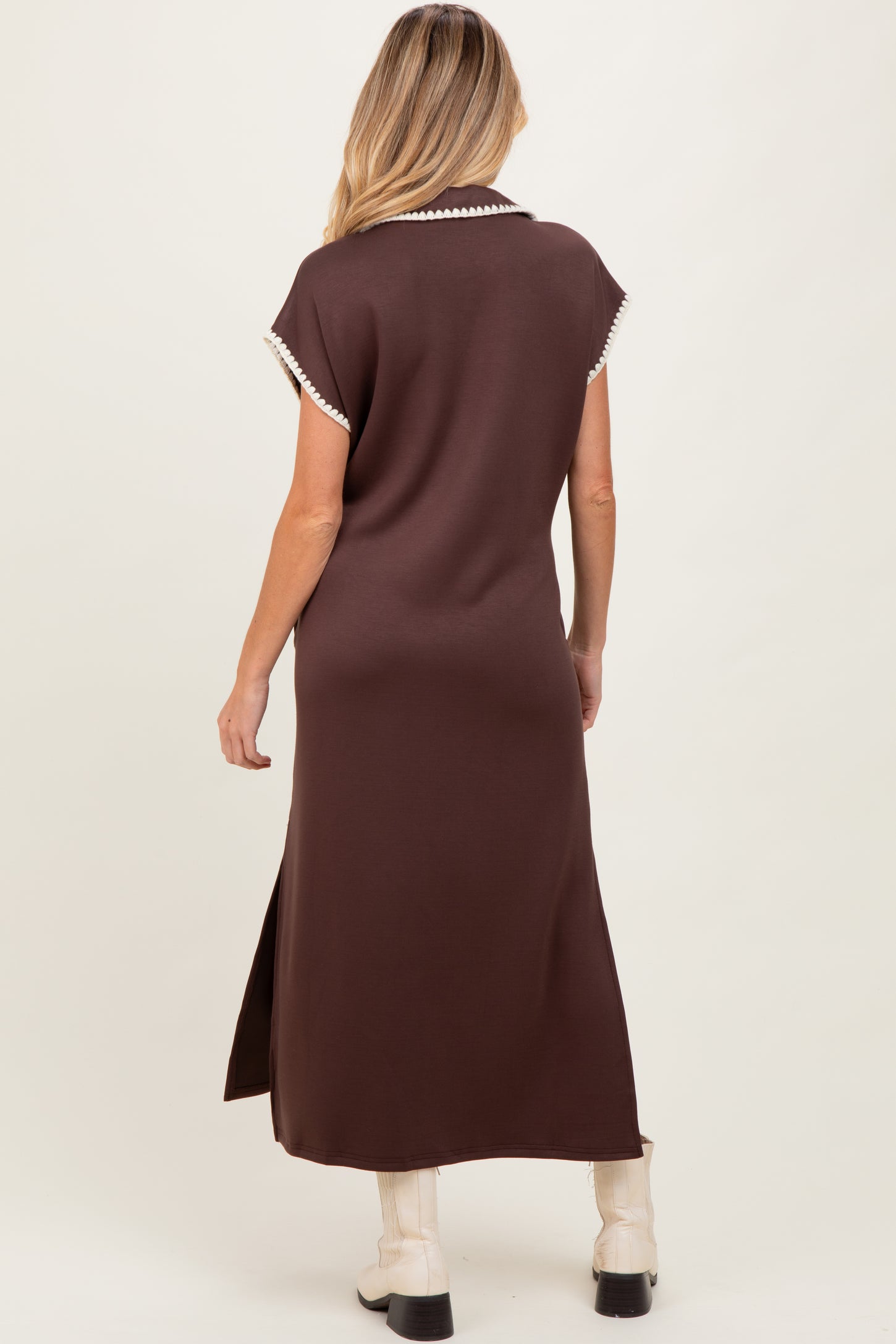 Brown Collared Stitch Detail Short Sleeve Maternity Midi Dress Brown Collared Stitch Detail Short Sleeve Maternity Midi Dress