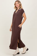 Brown Collared Stitch Detail Short Sleeve Midi Dress