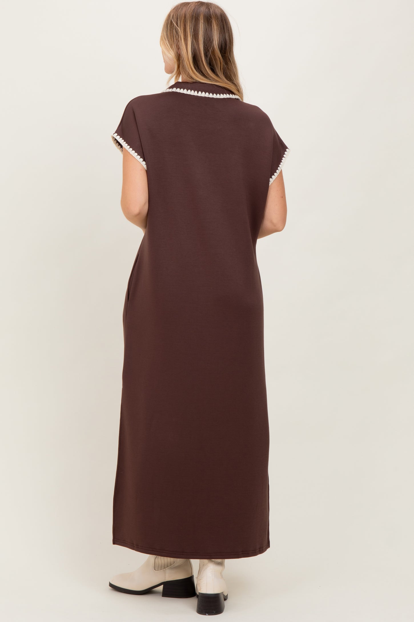 Brown Collared Stitch Detail Short Sleeve Midi Dress PinkBlush Brown Collared Stitch Detail Short Sleeve Midi Dress PinkBlush