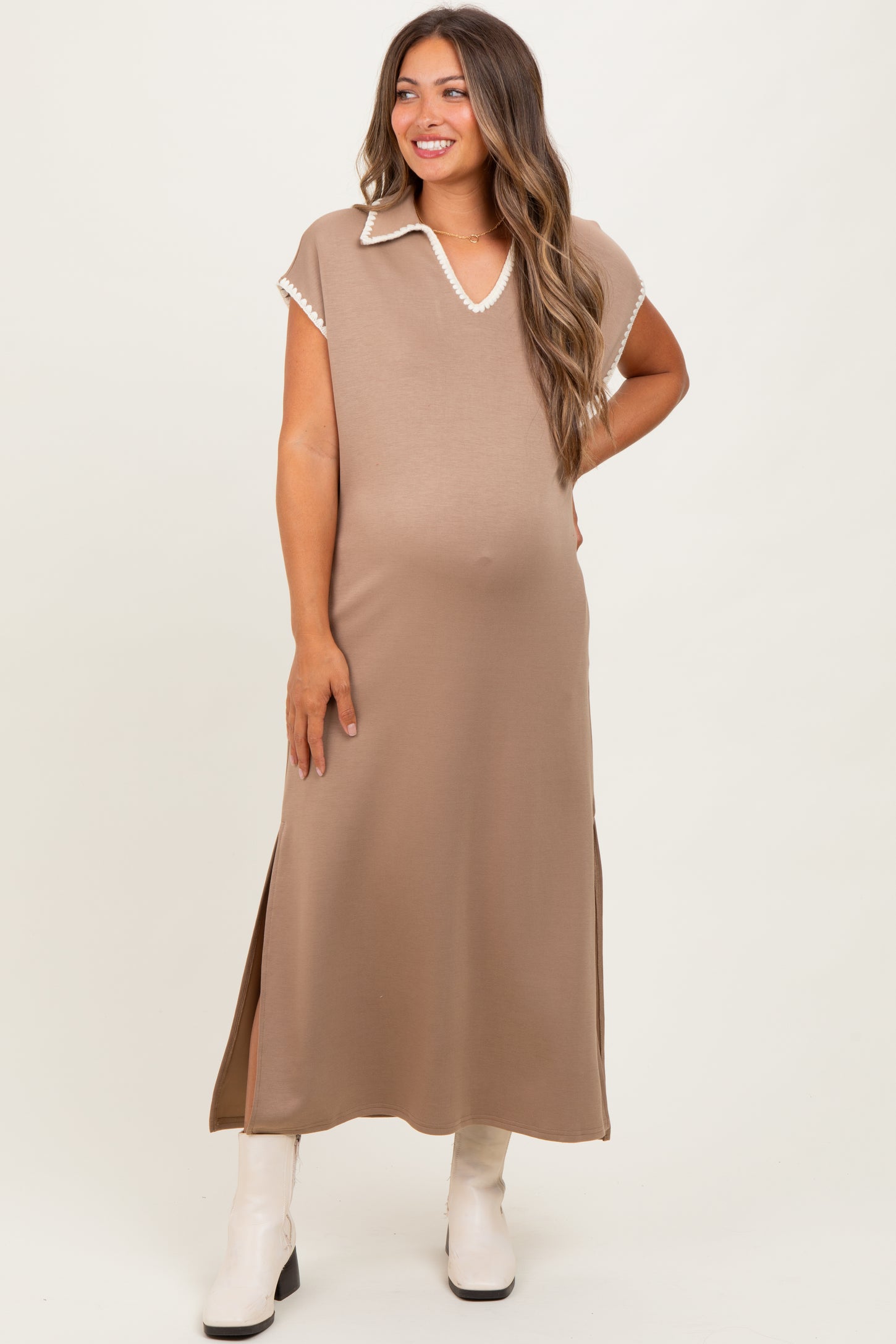Mocha Collared Stitch Detail Short Sleeve Maternity Midi Dress