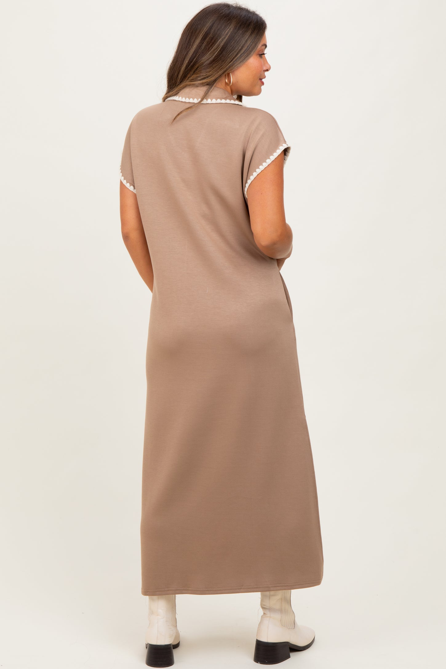 Mocha Collared Stitch Detail Short Sleeve Maternity Midi Dress