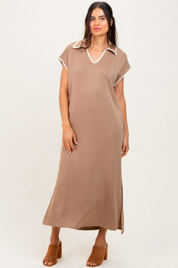 Mocha Collared Stitch Detail Short Sleeve Midi Dress