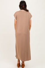 Mocha Collared Stitch Detail Short Sleeve Midi Dress