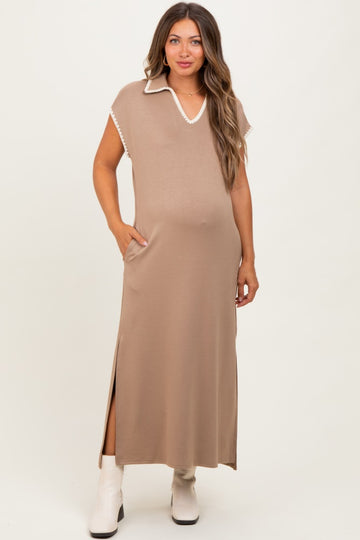 Mocha Collared Stitch Detail Short Sleeve Maternity Midi Dress
