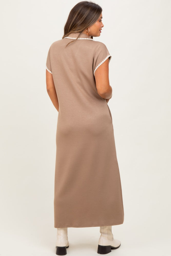 Mocha Collared Stitch Detail Short Sleeve Maternity Midi Dress