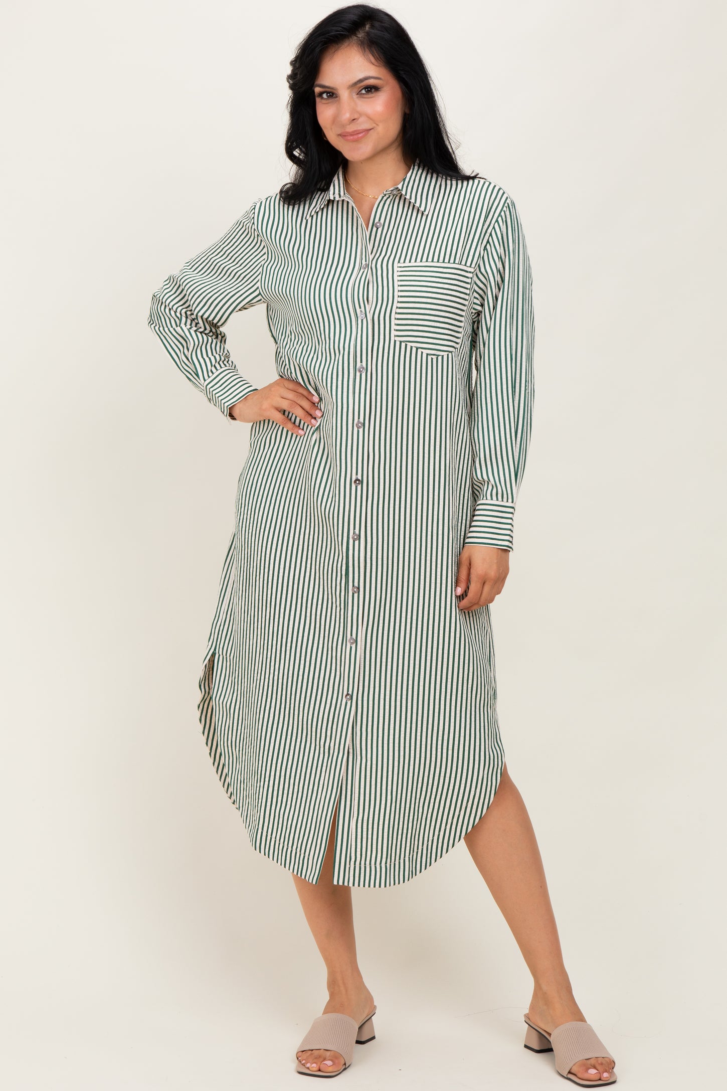 Forest Green Textured Stripe Button Down Shirt Dress