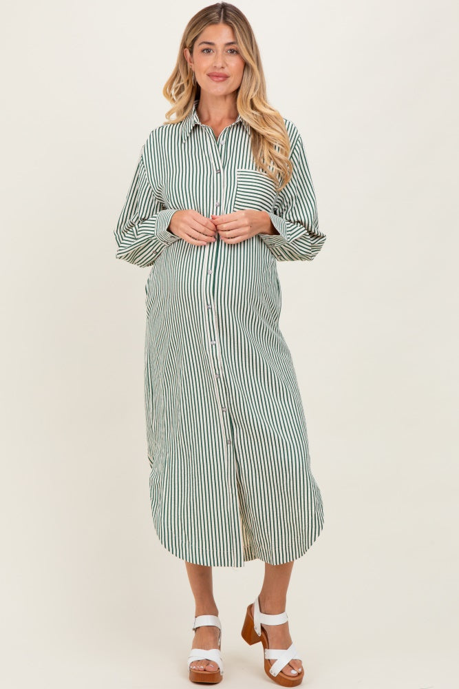 Forest Green Textured Stripe Button Down Maternity Shirt Dress