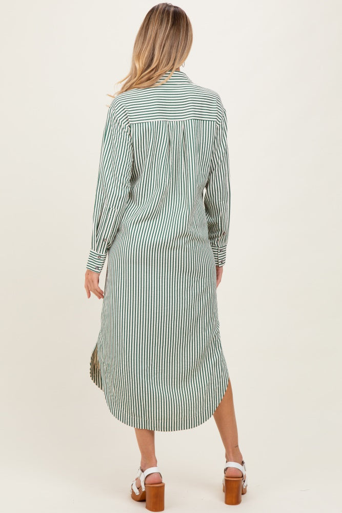 Forest Green Textured Stripe Button Down Maternity Shirt Dress