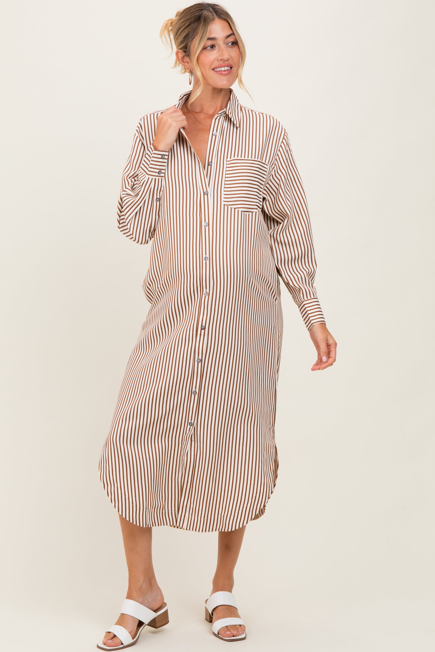 Camel Textured Stripe Button Down Maternity Shirt Dress